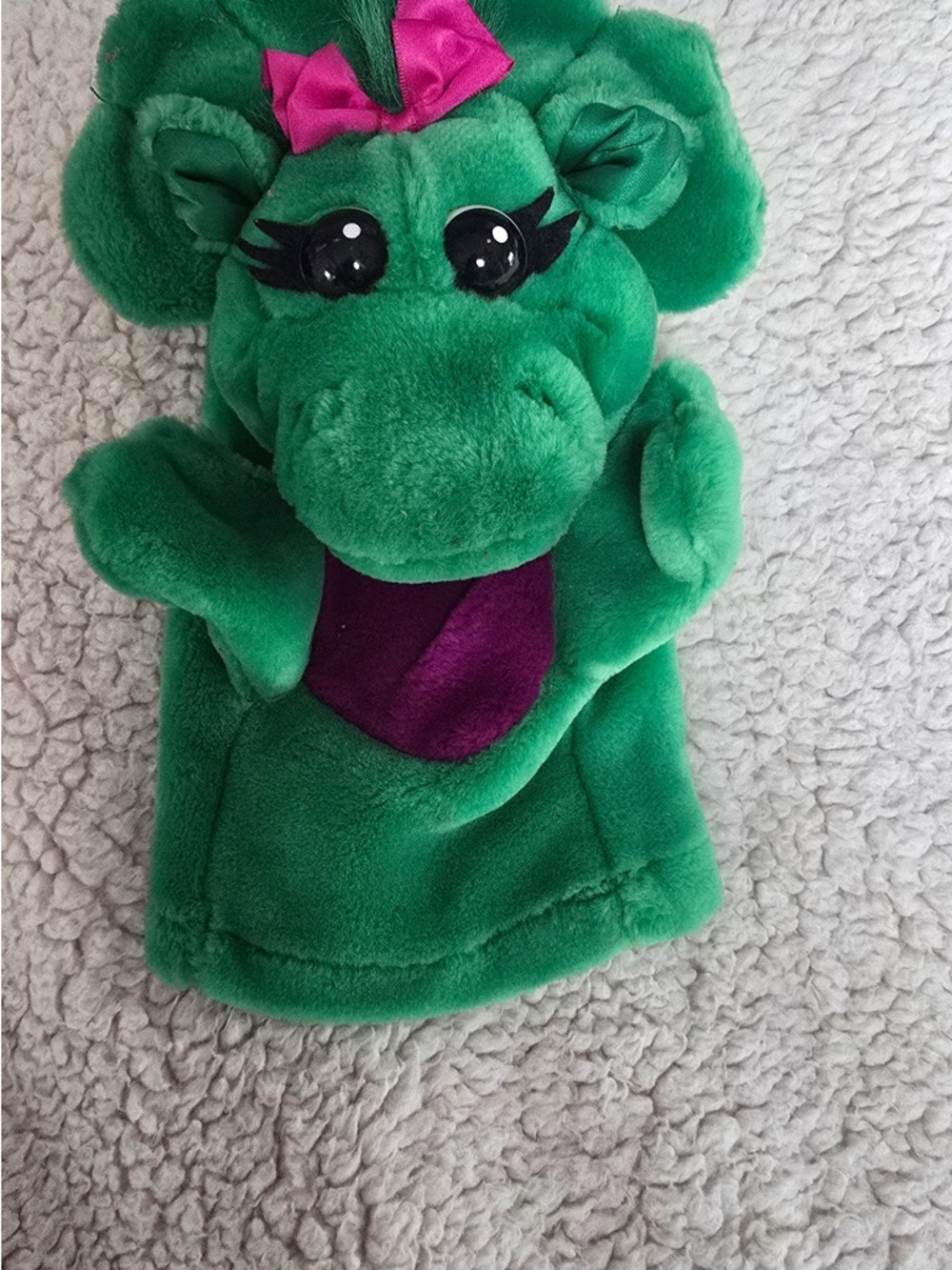 Green Plush Hippo Hand Puppet with Pink Bow - Kids Toy